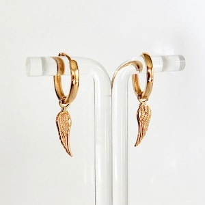 18K Gold Hoop Earrings: Angel Wing Feather Charm, 15mm