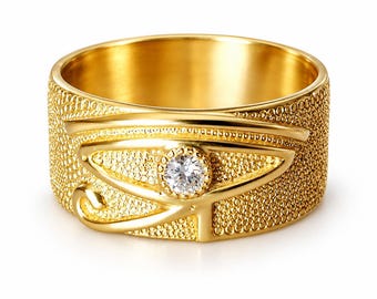 18k Gold Eye of Horus Ring, VS SI Diamond, Symbol of Protection