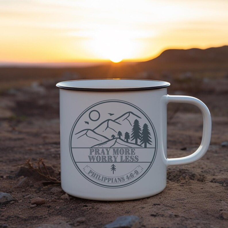 Pray More Worry Less Metal Mug shown with sunset