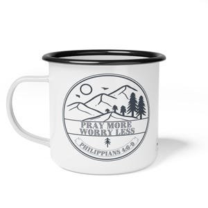Pray More Worry Less Metal Mug shown in the snow