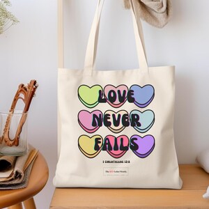 Christian Canvas Tote Bag: Love Never Fails, Bible Verse