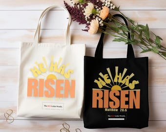 Christian Canvas Tote Bag - He has Risen - Matthew 28:6 - Bible Verse Bag, Great Christian Gift for her, Easter