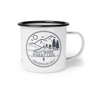 Pray More Worry Less Metal Mug shown with light blue background