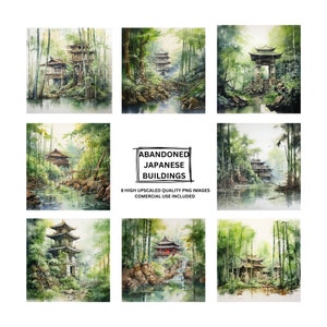 8 PNG de alta calidad - Descarga digital - Edificio abandonado japonés - Arte digital - Color de agua -