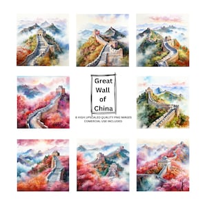 8 High Quality PNG - Digital Download - Great wall of China - Digital Art - Water colour