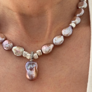 12mm Freshwater Purple Coin Pearl Necklace  Baroque Pearl Pendant, Silver Accents, Statement Necklace, Vintage Necklace, Mother’s Day Gift