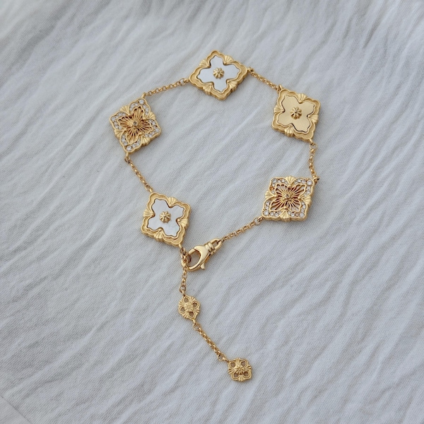 Golden Clover Mother of Pearl Bracelet, Handcrafted Double-Sided Bracelet, Italian Buccellati Style Statement Bracelet, Vintage Style