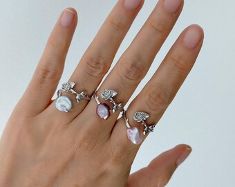 S925 Vintage Silver Rose Ring with Natural Keshi Pearl, Beautiful Pearl Ring Gift For Her, Adjustable Pearl Ring, Unique Pearl Ring