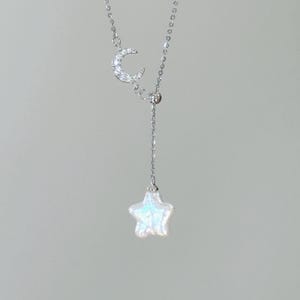 Star and Moon Lariat Adjustable Necklace • Y Necklace S925 Silver Chain • Real Freshwater Star Pearl • Celestial Necklace • Gift for Her