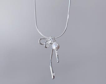 Silver Half Bow Freshwater Pearl Necklace, Bride Necklace, Bridesmaid Gift, Korean Style Necklace, Gift for Her, Cute Jewelry