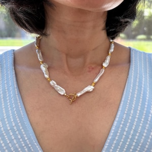 Iridescent Long White Baroque Pearl Necklace Gold Toggle Clasp, Handmade Freshwater Pearls Necklace, Gift for Her, Boho Necklace