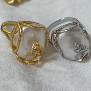 Large Lustrous Natural Square Baroque Pearl Statement Ring, Adjustable, Silver and Gold,  Gift For Her, Special Anniversary/Christmas Gift
