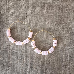 Powder pink Heishi flat pearl hoop earrings