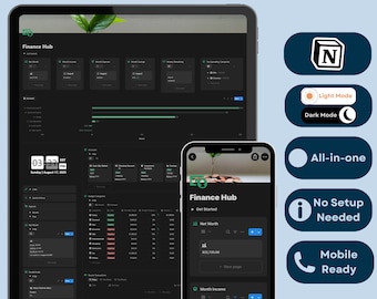 Complete Notion Finance Tracker Template | Personal Budget Planner | Expense Tracker | Debt Payoff | Net Worth Calculator |Mobile Dark Green