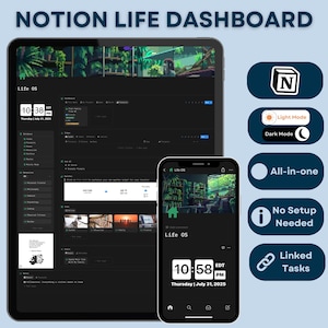 Puede incluir: Un panel de control digital Notion Life mostrado en una tableta y un smartphone. La tableta muestra una interfaz en modo oscuro con la hora 22:38. El smartphone muestra las 22:58. Las funciones adicionales se destacan con iconos.