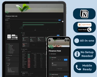 Notion Budget Template Lite | Personal Finance Tracker | Expense Manager | Net Worth Calculator | Money Manager |Mobile Dark Green Dashboard