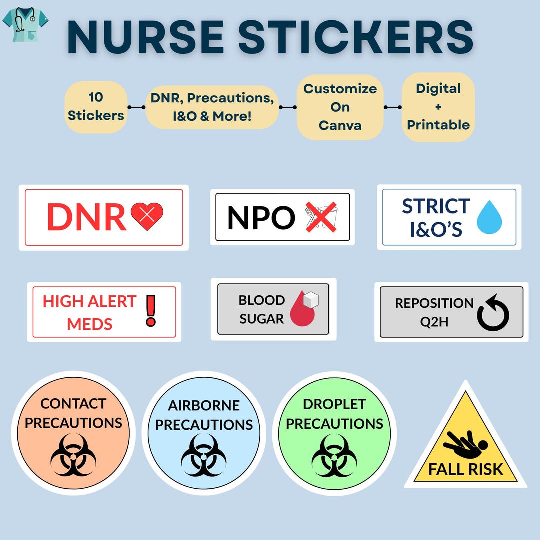 Nurse Planner Stickers Sheet | DNR, Fall Risk, Isolation, Med Times ...