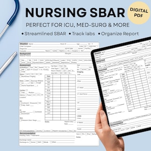 Puede incluir: Formulario digital PDF SBAR de enfermería, perfecto para UCI, cirugía y más. El formulario incluye secciones para la evaluación del paciente, antecedentes y recomendaciones. También se muestra un estetoscopio y una tableta con el formulario.