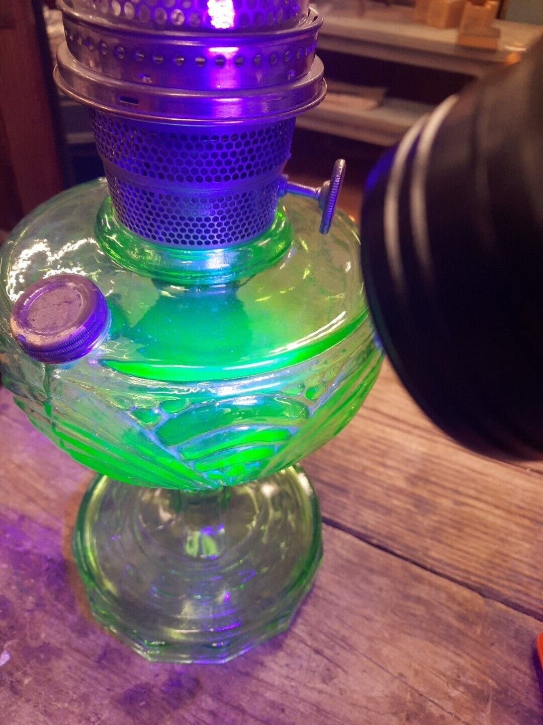 Antique Green Depression Oil Lamp Vaseline Glass Complete Etsy