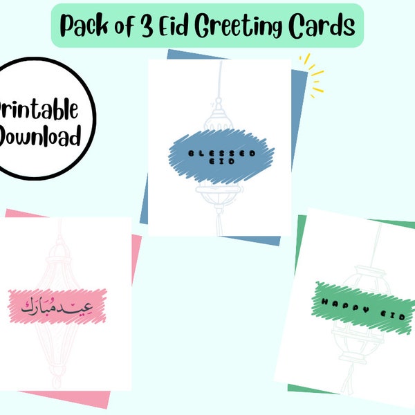 Pack of 3 Eid Greeting Cards, Printable cards, Eid gifts, instant digital download, print at home, Islamic gift, Muslim gift, Eid gift.