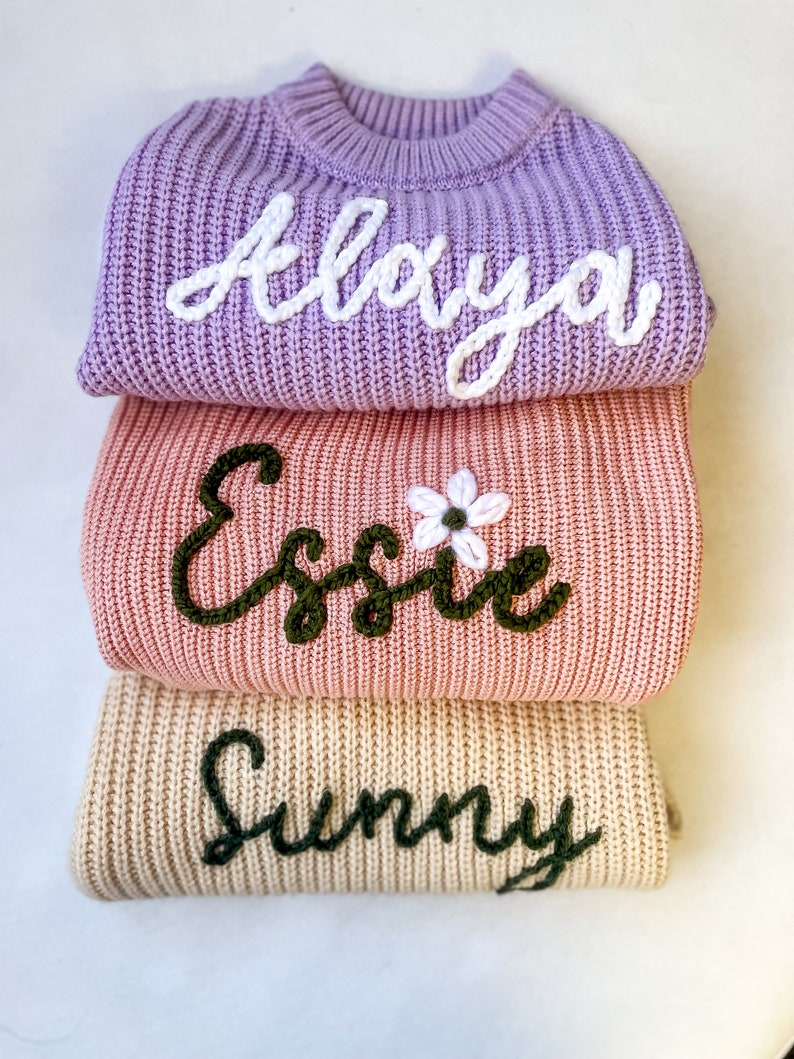 Custom Name Baby Sweater Personalized Hand Embroidered Toddler Sweaters Unique Baby Gifts Newborn Gift Birthday Gift Baby Girl Boy image 1