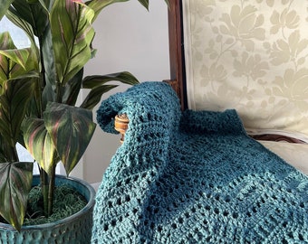 Blue throw blanket hand-crocheted