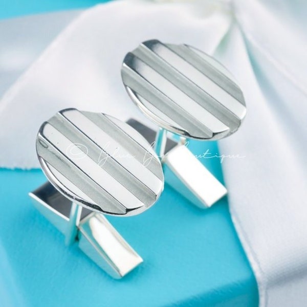 100% Authentic Tiffany & Co. Cufflinks Vintage 1995 Men's Silver Oval Atlas Groove Cufflinks