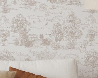 Beige French Toile Safari Wallpaper - Neutral Sketch Landscape Botanical Peel and Stick Wall Mural L069
