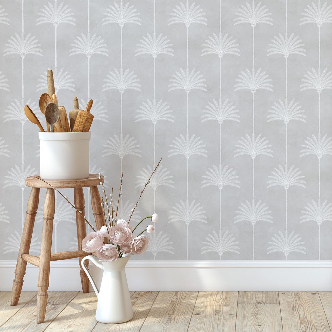 Light Gray Palm Tree Wallpaper - Neutral Coastal Tropical Peel and