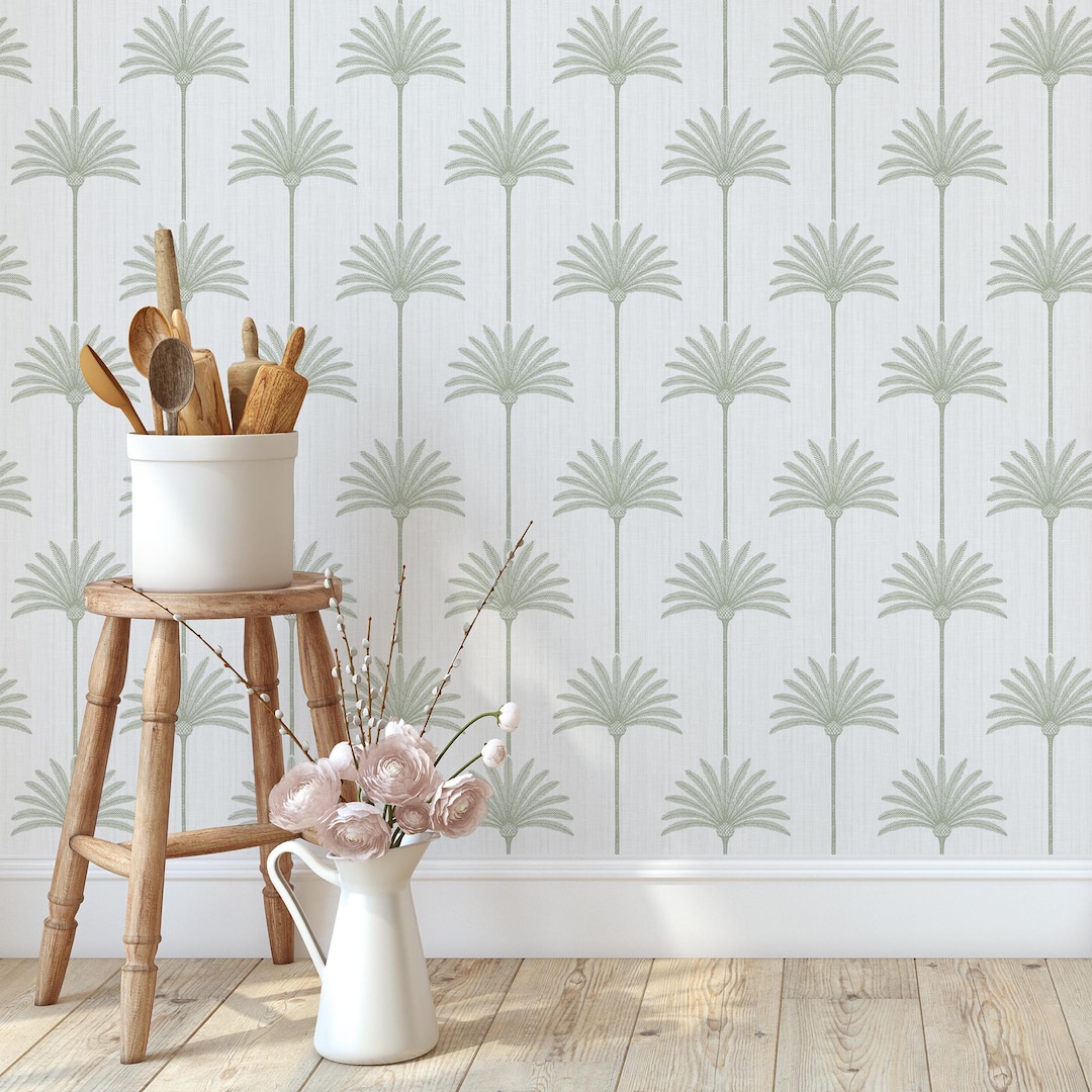 Sage Palm Tree Wallpaper - Neutral Linen Coastal Tropical Peel and
