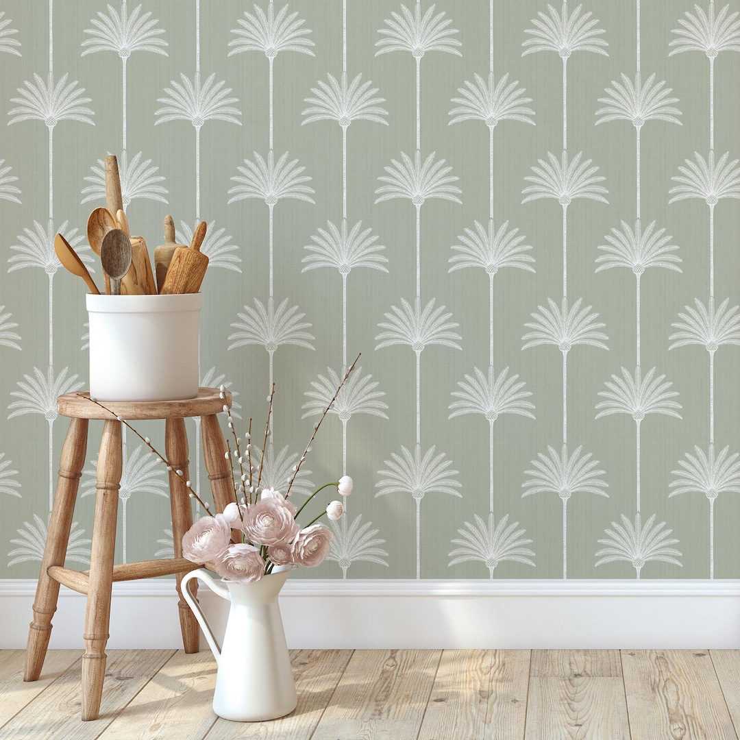 Sage Green Palm Tree Wallpaper - Neutral Coastal Tropical Peel and