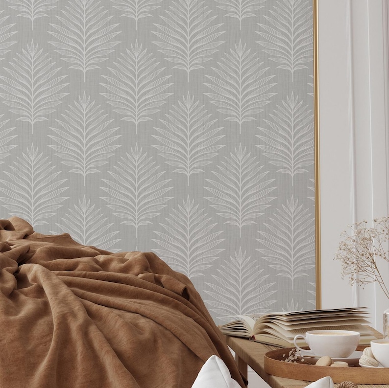 Gray White Palm Leaves Wallpaper - Botanical Tropical Linen Peel and ...