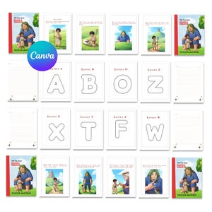 May include: A collection of children's educational materials, including a storybook titled "David & Goliath" with illustrations and pages for writing. The set also includes letter flashcards, all arranged on a white background.