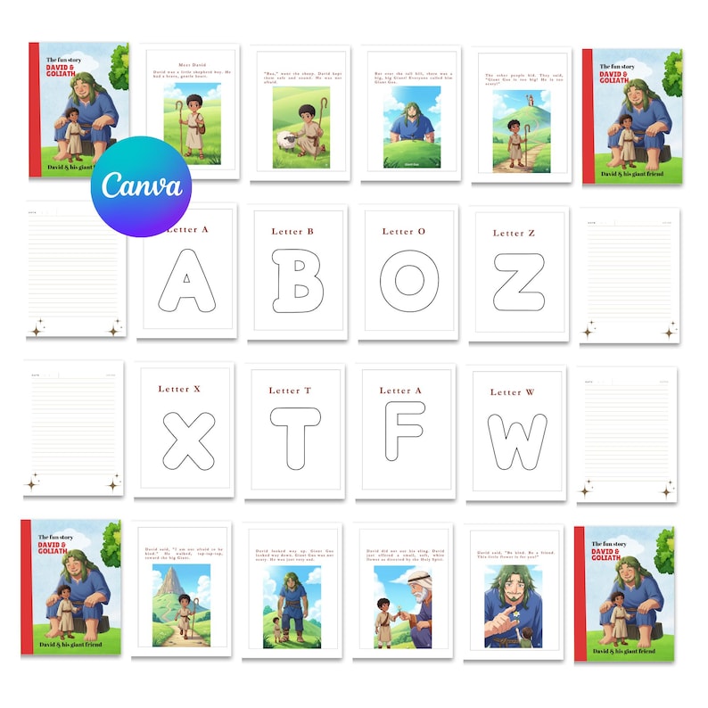 May include: A collection of children's educational materials, including a storybook titled "David & Goliath" with illustrations and pages for writing. The set also includes letter flashcards, all arranged on a white background.