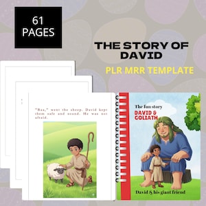 May include: A children's book titled "The Story of David" with 61 pages. The cover features illustrations of David and Goliath. The book is a PLR MRR template. Inside, there are illustrations of David with a sheep and text from the story.
