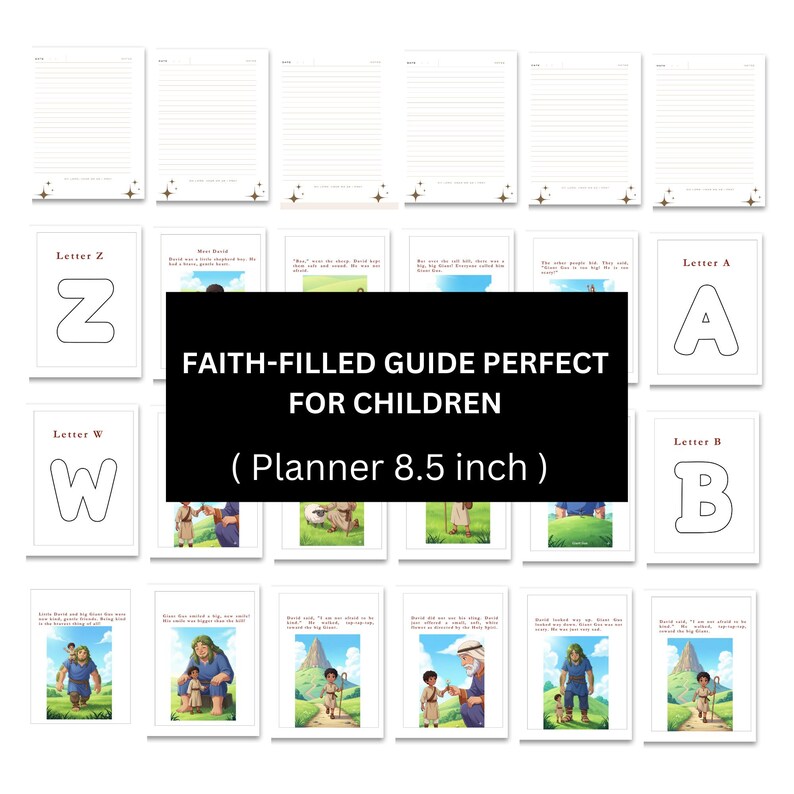 May include: A planner with lined pages, letter outlines, and illustrated story pages. The text on the cover reads "FAITH-FILLED GUIDE PERFECT FOR CHILDREN (Planner 8.5 inch)". The pages feature colorful illustrations and text.