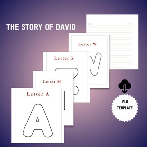 May include: A stack of white paper templates with the text "Letter A", "Letter M", "Letter Z", and "Letter W" in a serif font. The text "THE STORY OF DAVID" is at the top. A "PLR TEMPLATE" icon is in the bottom right corner.