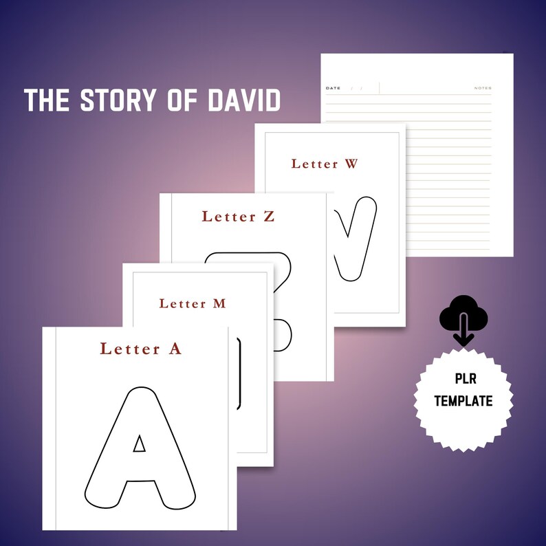 May include: A stack of white paper templates with the text "Letter A", "Letter M", "Letter Z", and "Letter W" in a serif font. The text "THE STORY OF DAVID" is at the top. A "PLR TEMPLATE" icon is in the bottom right corner.