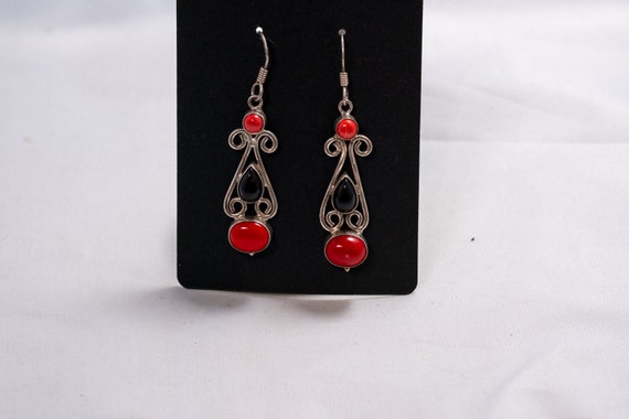 Vintage Coral and Onyx 925 Sterling Silver Earrin… - image 2