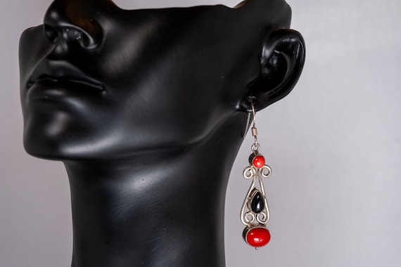 Vintage Coral and Onyx 925 Sterling Silver Earrin… - image 1