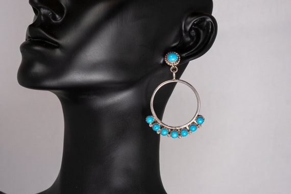 Vintage Turquoise Dangle Hoop Sterling Silver Ear… - image 1