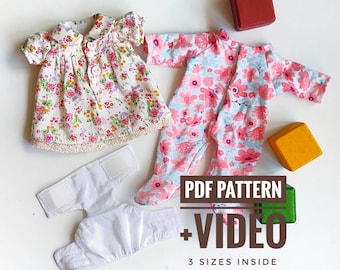 Doll Clothes Sewing Tutorial 3 sizes: Jumpsuit, Diaper, Dress (PDF Pattern + Video)