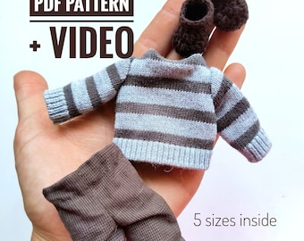 Tutoriel sur les vêtements pour poupées miniatures 5 tailles : pull, pantalon, chaussures (patron PDF + vidéo)