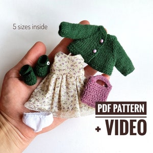 Video Anleitung + PDF Schnitt zum Herstellen von kleiner Miniatur Puppenkleidung (Kleid, Schlüpfer, Cardigan, Schuhe, Tasche), 1:12 Puppenhaus Kleidung