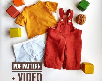 Syhandledning för dockkläder: T-shirt, overaller, kalsonger (PDF-mönster och video)
