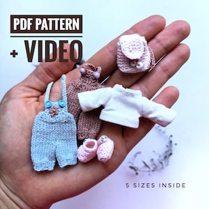 Video Anleitung + PDF Schnittmuster zum Herstellen von kleiner Miniatur Babypuppen Kleidung (Longsleeve, Overall, Schuhe, Rucksack) 1:12 Puppenhaus Kleidung