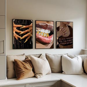 Set of 3 black woman wall art, black girl wall art, black wall art, black woman art, fashion art print, gold lips wall decor
