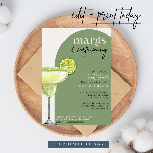 Bridal Shower Margarita Invitation Template, Print + Digital Download, Margs + Matrimony