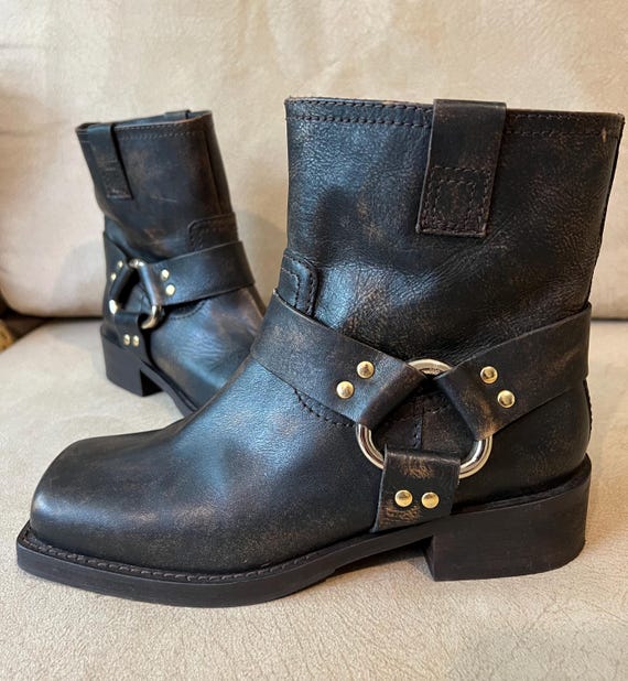 Billi Bi Leather Moto Boots | Black Biker Ankle Boots | Square Toe Western Boots | Buckle Strap Motorcycle Boots | EU 38 US 7 UK 5