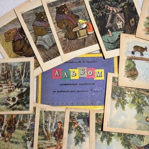 Raro! Set di 32 album di figurine sovietiche, 1966 / Manuale sovietico, illustrazioni scolastiche / propaganda URSS, schede di storie per lo sviluppo del linguaggio